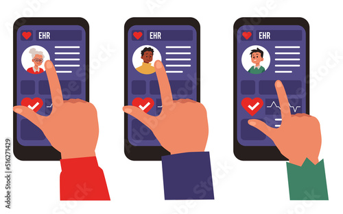 Concept of electronic health records, set of smartphones with medical app