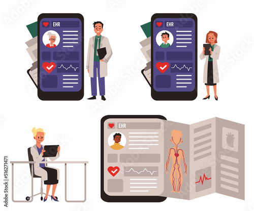 Abstract electronic health records in mobile phone and tablets, flat vector illustration isolated on white background.