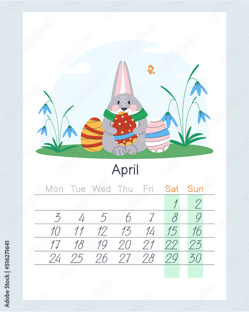 The hare sits in a clearing and holds an Easter egg. Easter Bunny with painted eggs. April 2023 calendar. Flat vector illustration. Eps10