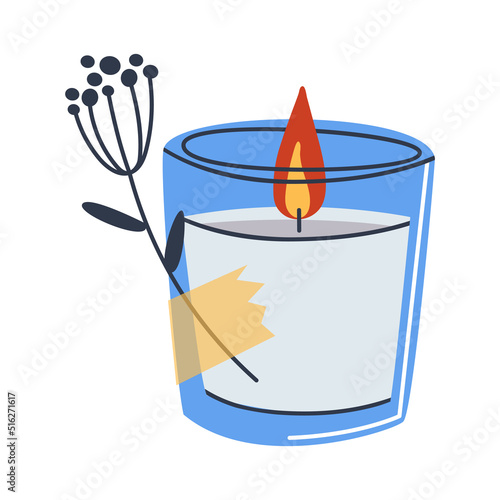 The candle in glass is decorated with a decorative dry branch. Nice item for interior decor. Flat vector illustration. Eps10