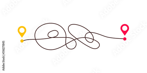 Difficult way, chaos path from point A to B. Complex chaos simplifying concept. Easy simple way. Vector illustration