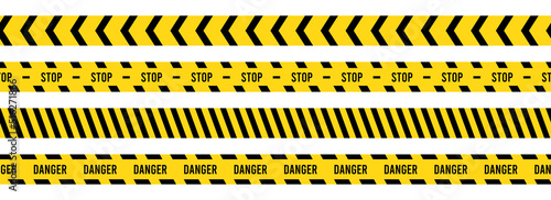 Caution, safety tape. Yellow, black stripe danger tape for atterntion, hazard ribbon. Police, construction area sign banner, barrier symbol. Vector illustration. © Polina Tomtosova
