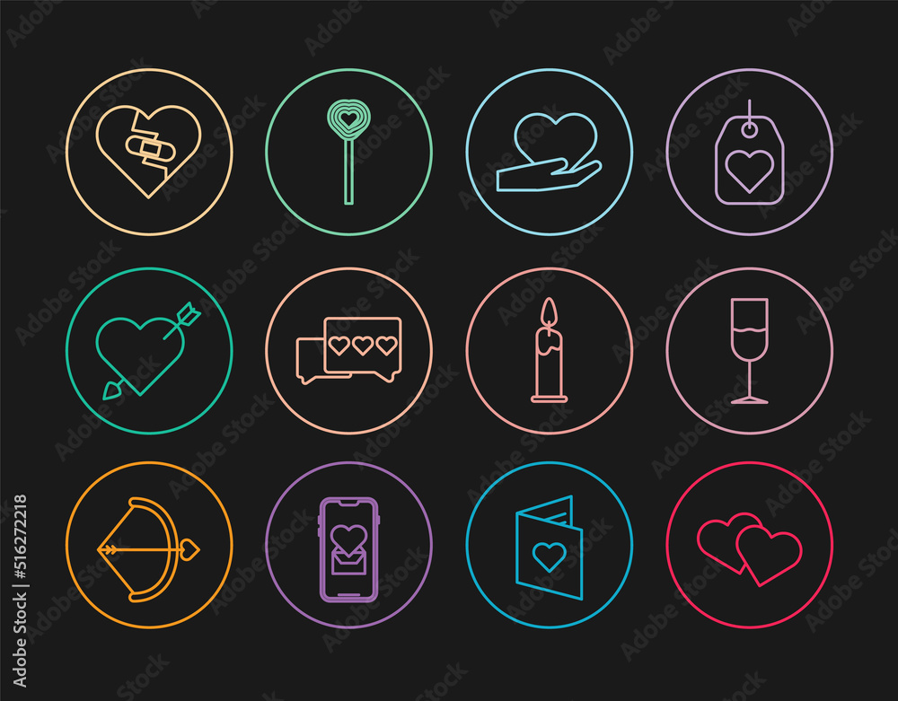Set line Heart, Wine glass, hand, Like heart, Amour with arrow, Healed broken, Burning candle and Lollipop icon. Vector Set line Heart, Wine glass, hand, Like heart, Amour with arrow, Healed broken, Burning candle and Lollipop icon. Vector