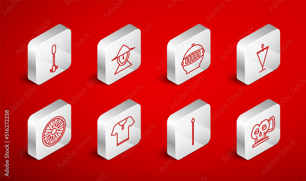 Set line Cup from the skull, Medieval iron helmet, flag, spear, Torch flame, Body armor and Old wooden wheel icon. Vector Set line Cup from the skull, Medieval iron helmet, flag, spear, Torch flame, Body armor and Old wooden wheel icon. Vector