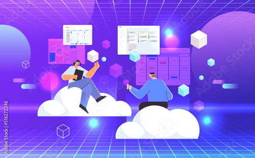 businesspeople in virtual reality glasses planning day scheduling appointment in calendar vr vision headset innovation metaverse