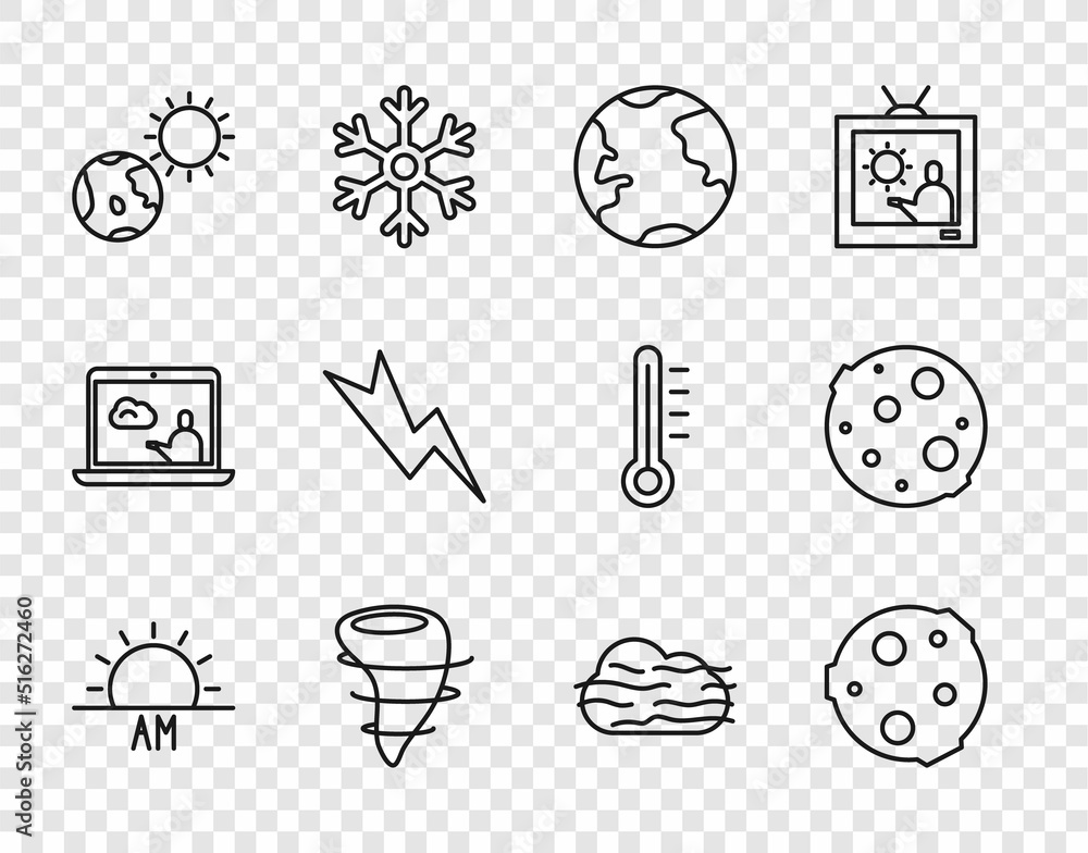 Fototapeta premium Set line Sunrise, Moon, Earth globe, Tornado, and sun, Lightning bolt, Fog cloud and icon. Vector