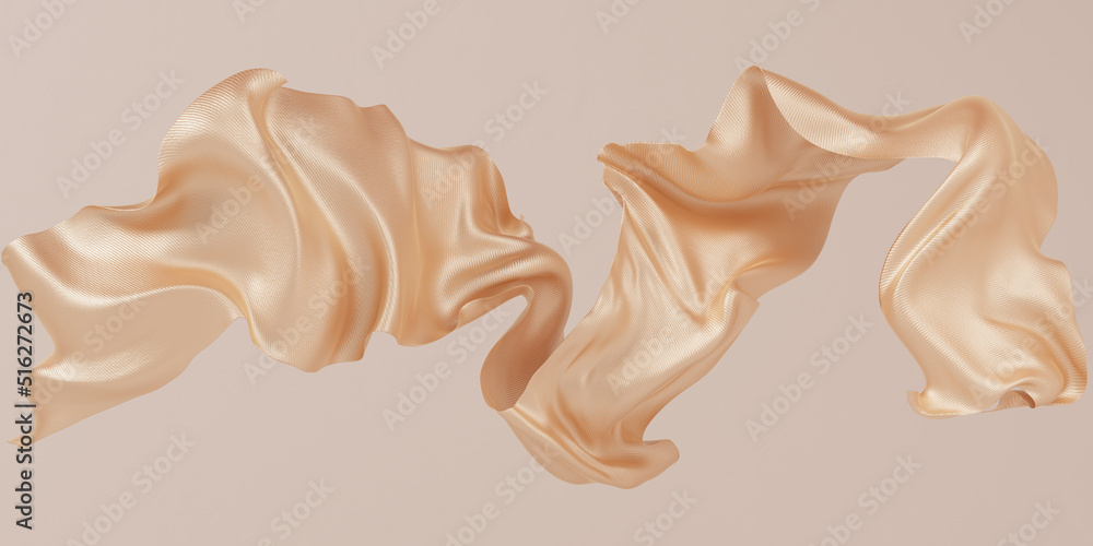 Golden satin cloth design element, isolated piece of blowing fabric wave, elegant textiles 3d rendering