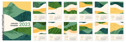 2023 calendar template with abstract green nature field landscape. Simple eco environment background. Calendar design concept with agriculture theme. Set of 12 months 2023 pages. Vector illustration