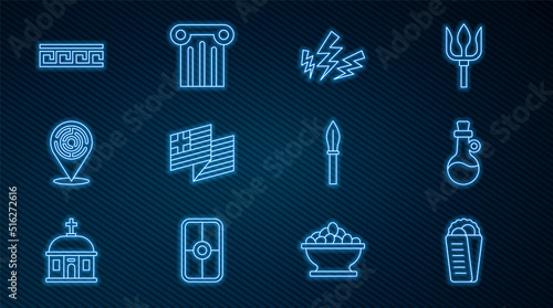 Set line Gyros Pita Greek, Bottle of olive oil, Zeus, Greece national flag, Minotaur labyrinth, Ancient pattern, Medieval spear and column icon. Vector