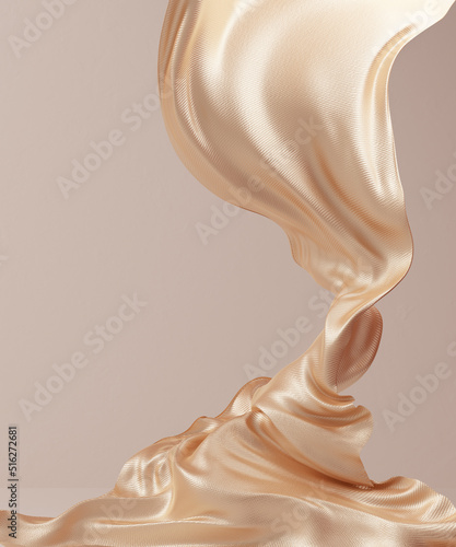 Gold silk fabric design element, 3d rendering golden cloth decoration for cosmetic product presentation