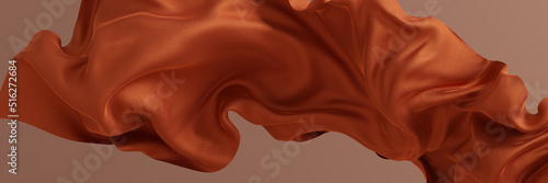 Fabric fly 3d illustration. Ginger cloth abstract scarf in the air. Elegant fashion background.