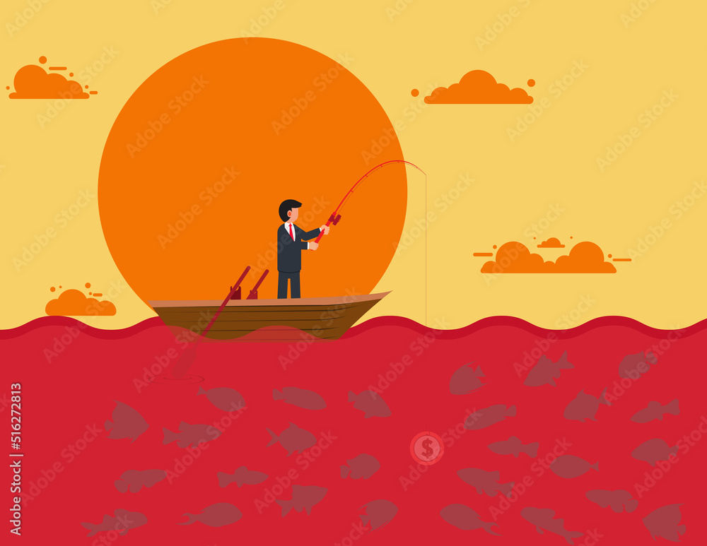 Investment strategies and ideas. Businessman standing on a boat and fishing with coins, Ideas to attract money and investments