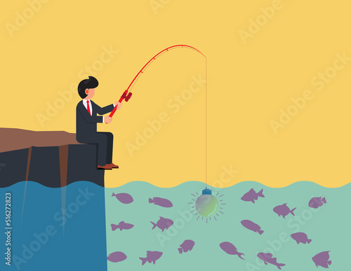 Ideas to attract money and investments. businessman sits fishing with a light bulb