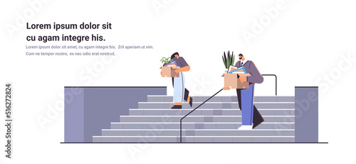 depressed businesspeople in despair leaving office on stairs dismissed business people with things unemployment crisis