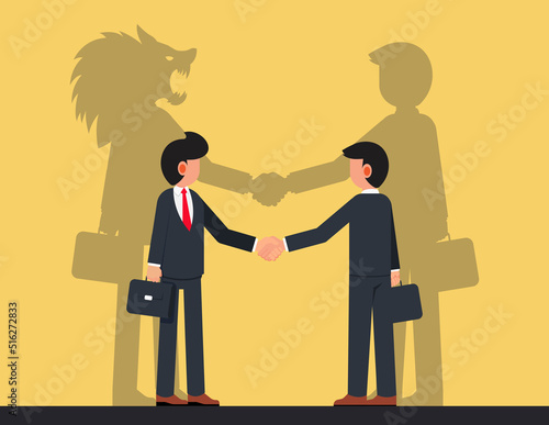 False Agreement or Dangerous Friendship. Business Partners Male Characters with Shadows of Wolf