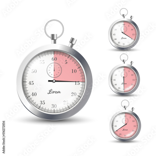 Set of realistic silver stopwatches with different measurements, pink scale