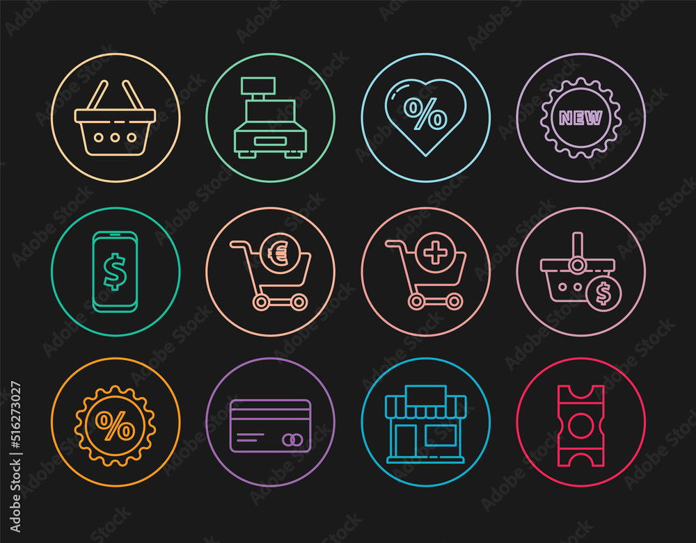 Set line Coupon, Shopping basket and dollar, Discount percent tag heart, cart euro, Smartphone with, Add to and Cash register machine icon. Vector