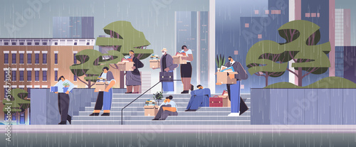 fired employees or businesspeople with things under rain on staircase dismissal unemployment jobless employee job reduction