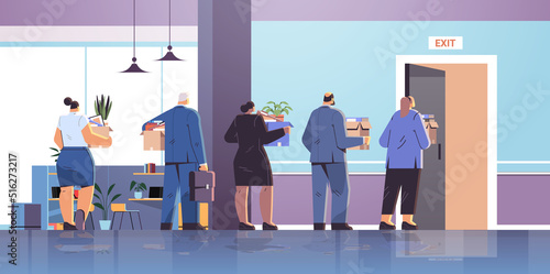 unhappy fired employees or businesspeople leaving office open door exit dismissal unemployment jobless employee job reduction