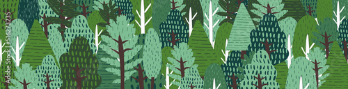 Landscape with trees in forest Summer garden texture banner design. Protection and preservation environment. Earth Day. Abstract pattern with green nature eco tree. Flat vector cartoon illustration