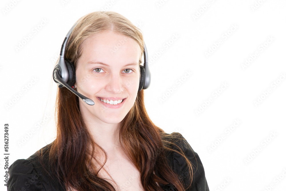 young woman portrait in call center of an advertiser with telephone headset smiling and pleasant young woman portrait in call center of an advertiser with telephone headset smiling and pleasant