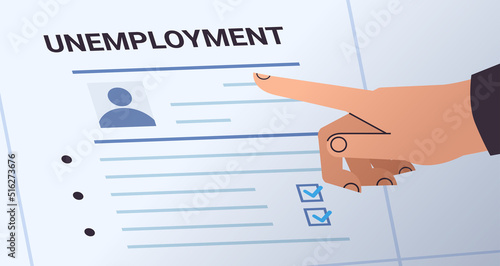 hand filling unemployment benefit form paper work crisis jobless employee job reduction concept