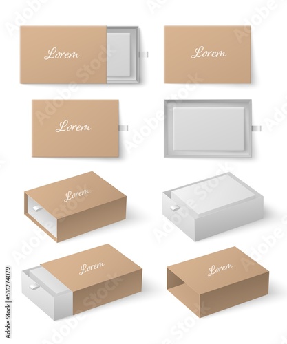 Slide boxes set opened and closed, realistic mockup vector illustration isolated on white background.