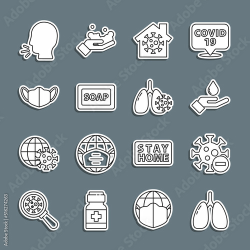 Set line Lungs, Negative virus, Washing hands with soap, Stay home, Bar of, Medical protective mask, Man coughing and Virus cells lung icon. Vector