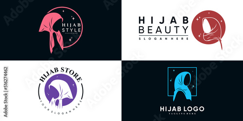 Set of hijab for moslem fashion logo design with creative element Premium Vector
