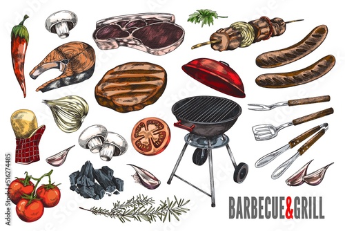 Set of colorful hand drawn design elements about barbecue and grill sketch style