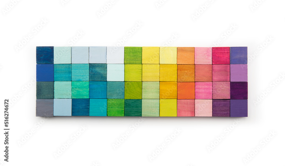 Colors of creation. Mosaic of colored wooden blocks isolated on white ...