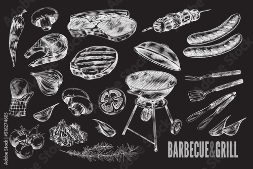 Set of hand drawn products and tools for barbecue and grill sketch style