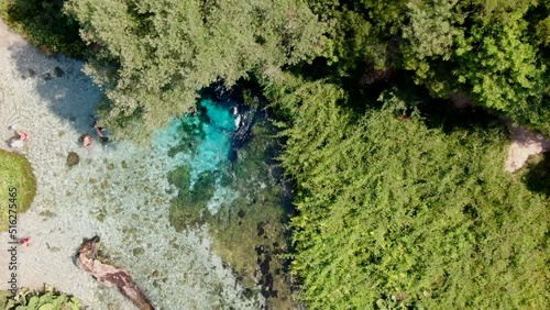 aerial shot of the Blue Eye in Albania. Freshwater spring is formed by a small lake that resembles a pool with beautiful shades of green and blue. photo