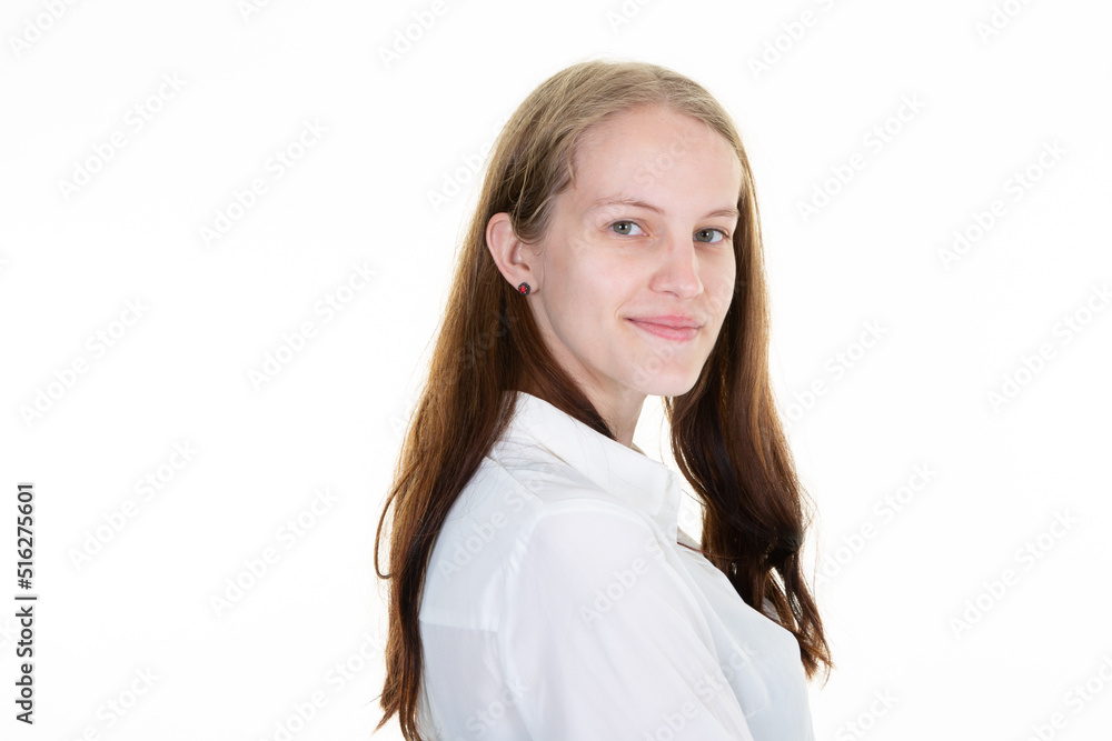young woman profile portrait in white shirt with copy space young woman profile portrait in white shirt with copy space