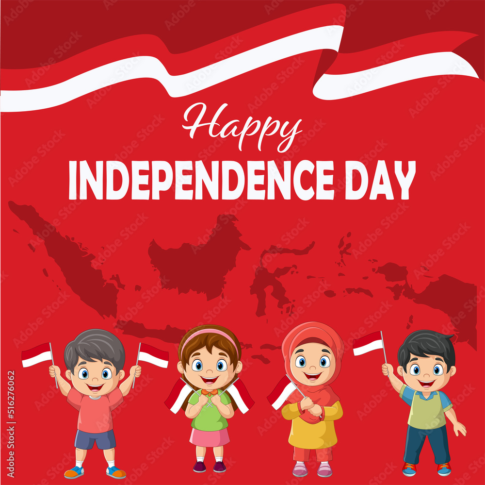 Happy independence day. Group of children holding an Indonesian flags Happy independence day. Group of children holding an Indonesian flags