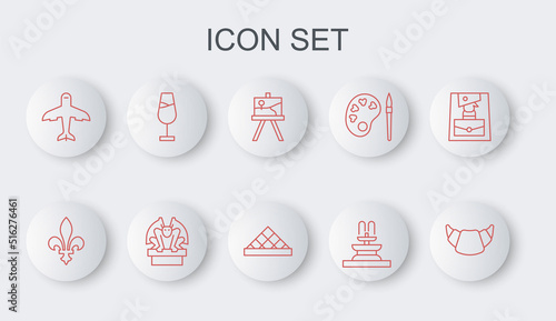 Set line Croissant, Fleur De Lys, Easel or painting art boards, Fountain, Plane, Wine glass, Gargoyle on pedestal and Louvre museum icon. Vector