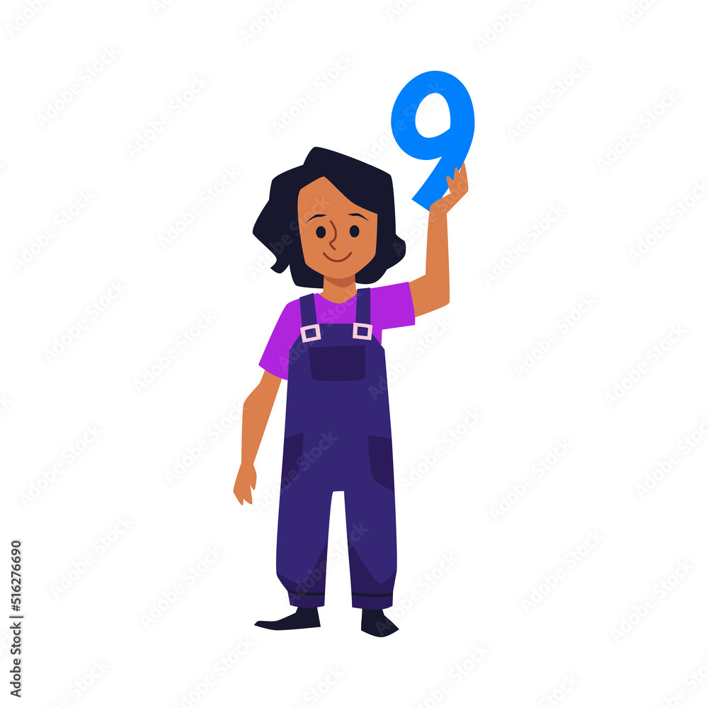 Cheerful preschool girl holding number nine above the head, flat vector illustration isolated on white background. Cheerful preschool girl holding number nine above the head, flat vector illustration isolated on white background.