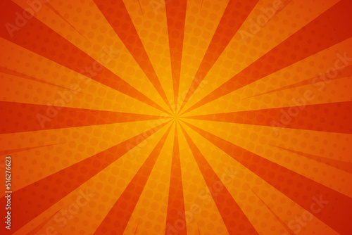 Orange halftone sunburst background with rays, vector illustration