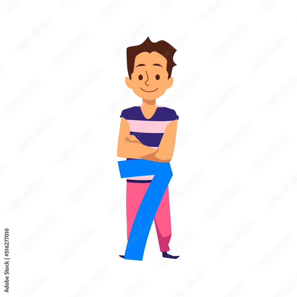 Smiling boy with arms crossed on chest based on blue number seven flat style Smiling boy with arms crossed on chest based on blue number seven flat style