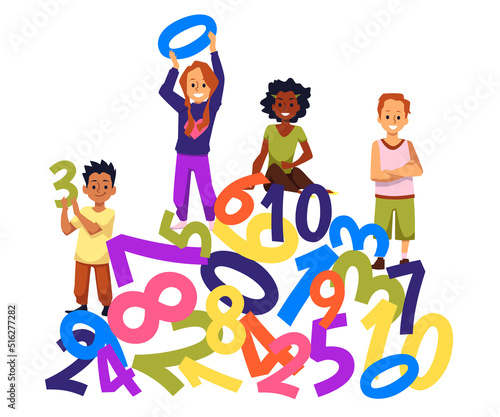 Happy kids on bunch of colorful numbers from zero to ten flat style