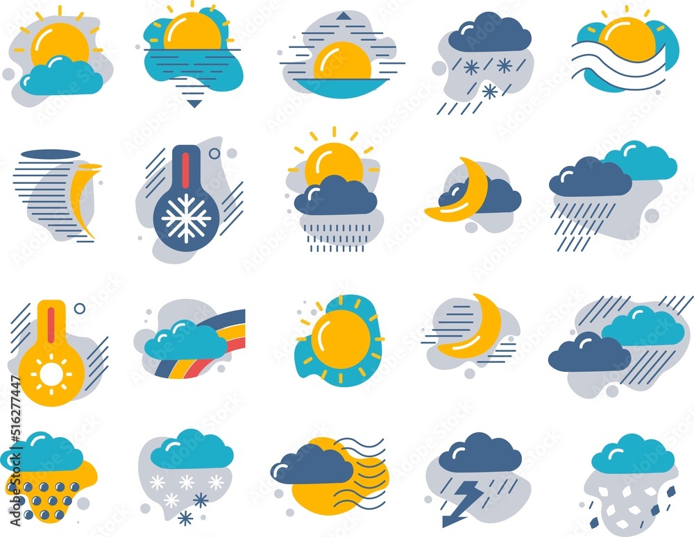 Weather signs, sun and clouds, raining and moon