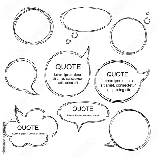 Collection of scribbled comic speech bubbles with hand drawn style. Copy space for quote. Set of template for your text. Vector illustration EPS8