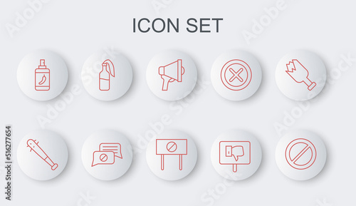 Set line Ban, Baseball bat with nails, Megaphone, Protest, Pepper spray, Cocktail molotov, Speech bubble chat and icon. Vector