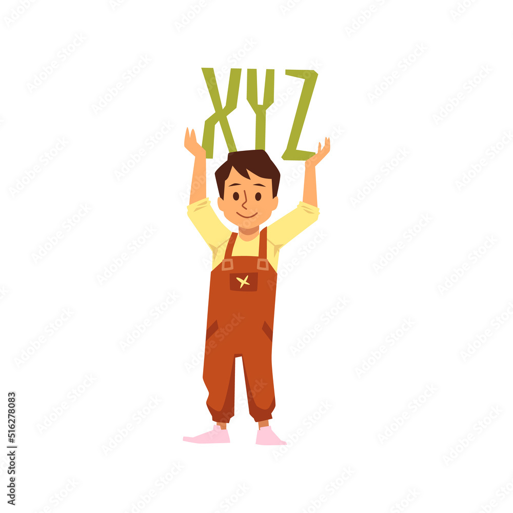 Nice boy in trendy overalls holding over head green letters X, Y, Z flat style Nice boy in trendy overalls holding over head green letters X, Y, Z flat style