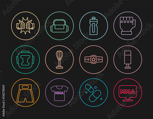 Set line Fight club MMA, Punching bag, Fitness shaker, Boxing helmet, boxing gloves, belt and Sport icon. Vector