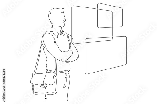One continuous line. The student reads the information on the screen. Learning with the help of new high technologies. Multiscreen in education. A young man in front of the screens.  One continuous li
