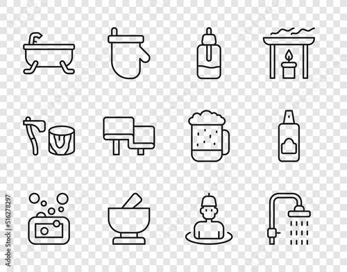 Set line Bar of soap, Shower, Essential oil bottle, Mortar and pestle, Bathtub, Sauna wood bench, Man in the sauna and Spray can for hairspray icon. Vector