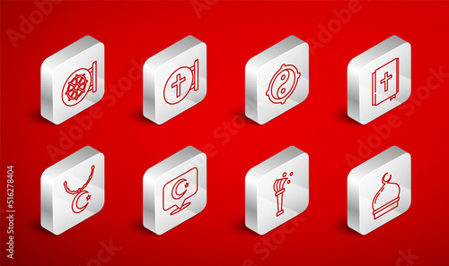Set line Muslim Mosque, Christian cross, Yin Yang, Holy bible book, Aspergillum, Dharma wheel, Star and crescent and on chain icon. Vector