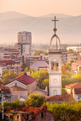Plovdiv, Bulgaria aerial skyline panorama with church and houses