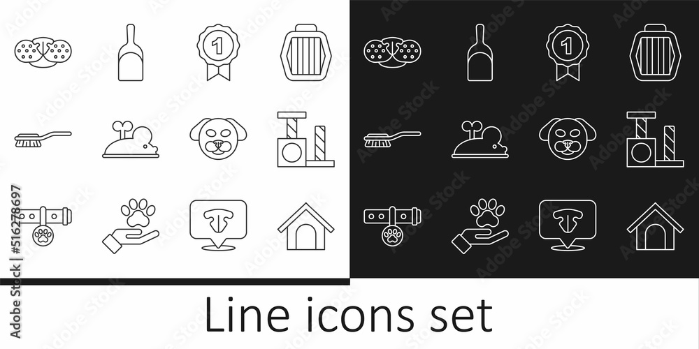 Set line Dog house, Cat scratching post, award symbol, Clockwork mouse, Hair brush for dog and cat, nose, and Dustpan icon. Vector
